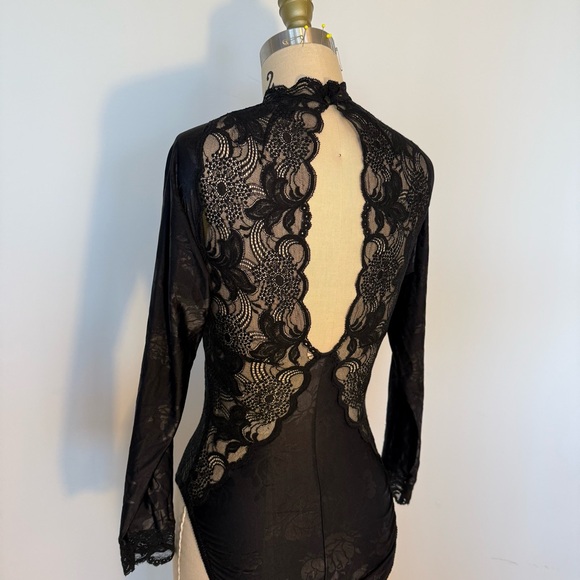 La Perla Lace Bodsuit Womens S/M Black Floral Long Sleeve High Neck - Picture 3 of 6